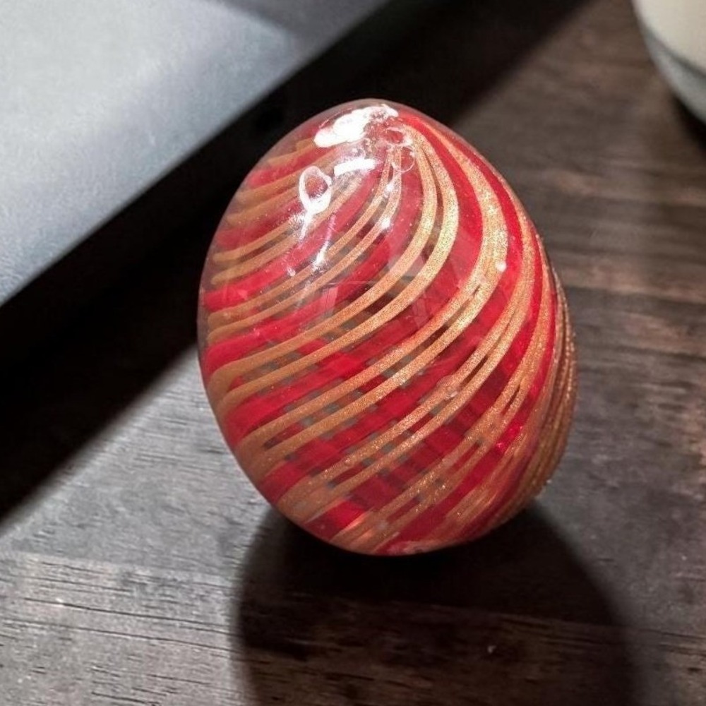 Murano Style Red & Gold Aventurine Swirl Paperweight, Vintage Handmade Art Glass
